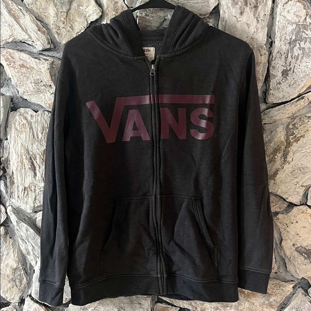 Boys Vans Dark Gray Zip-Up Hoodie with Burgundy Logo